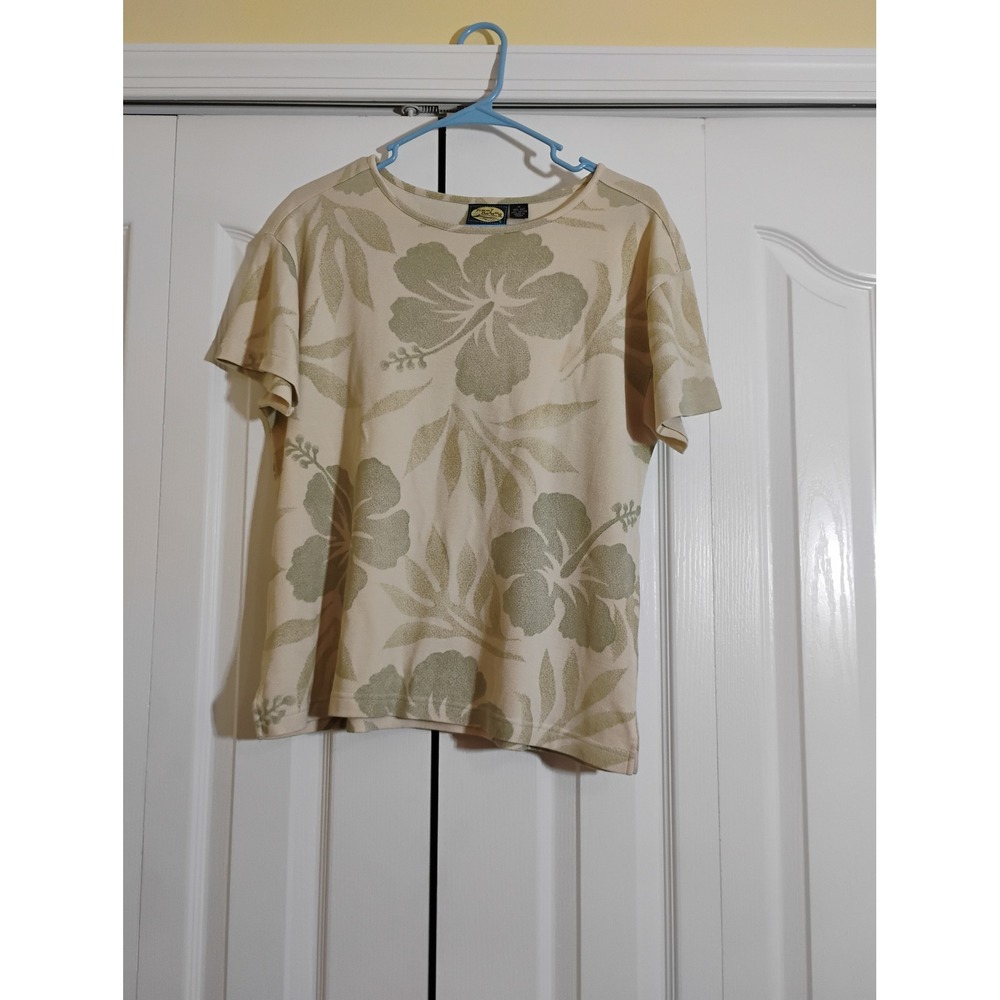 Tommy Bahama Women Silk Cotton Hibiscus Tropical Print Knit Top Sage Cream M